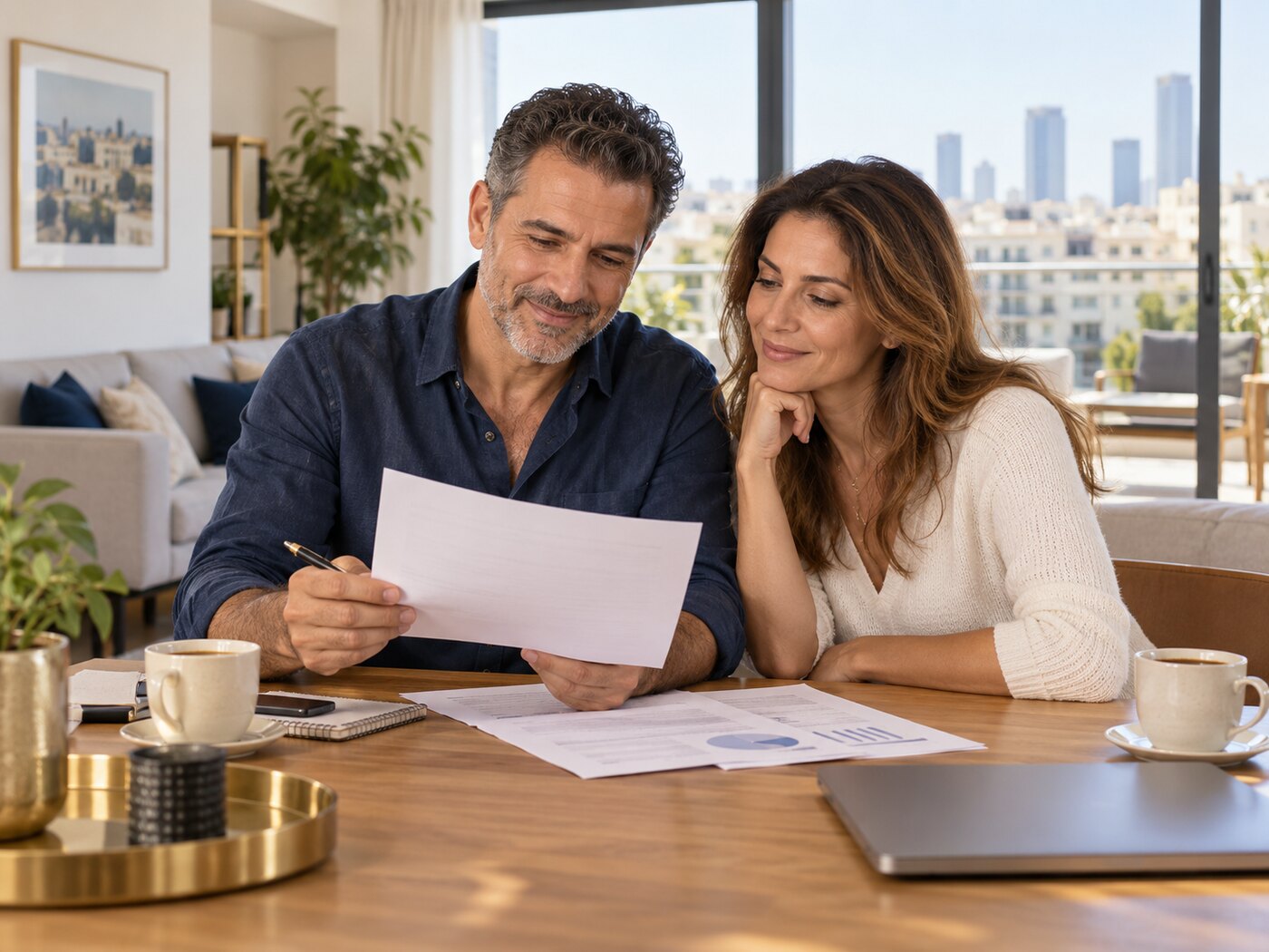זוג בוחן תוכנית פיננסית מסודרת בבית